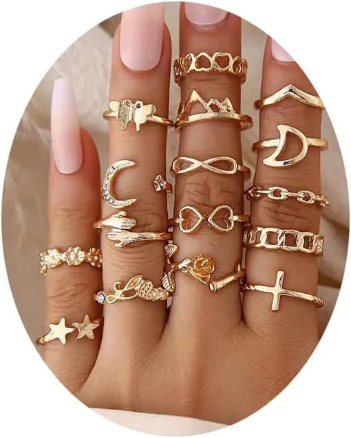 Vintage Knuckle Rings Set for Women Girls,Boho Dainty Stackable Midi Finger Rings Chunky Cute Stacking Rings Butterfly Rose Moon Heart Rings Jewelry Gift