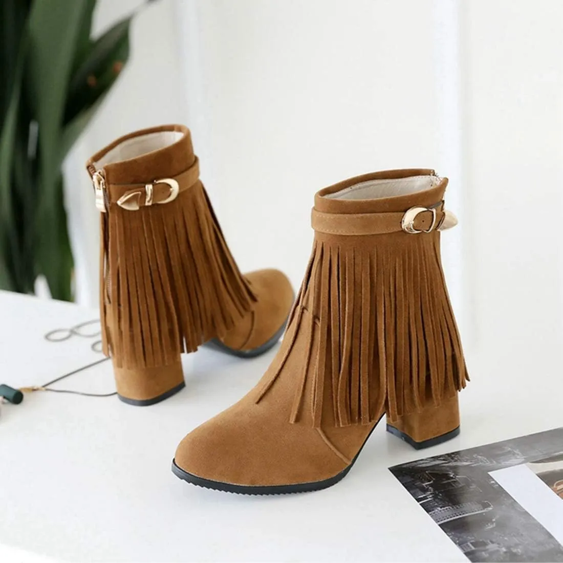 VOKLIN Women's Fringed Dress Ankle Boots Round Toe Buckle Zipper Chunky Block High Heel Tassel Short Booties