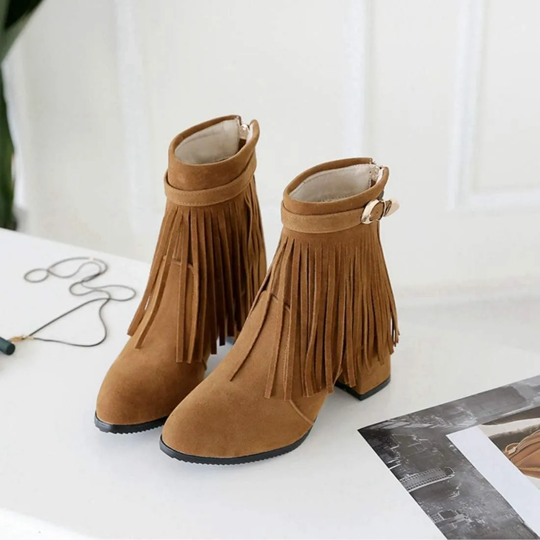 VOKLIN Women's Fringed Dress Ankle Boots Round Toe Buckle Zipper Chunky Block High Heel Tassel Short Booties