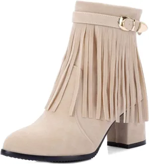 VOKLIN Women's Fringed Dress Ankle Boots Round Toe Buckle Zipper Chunky Block High Heel Tassel Short Booties
