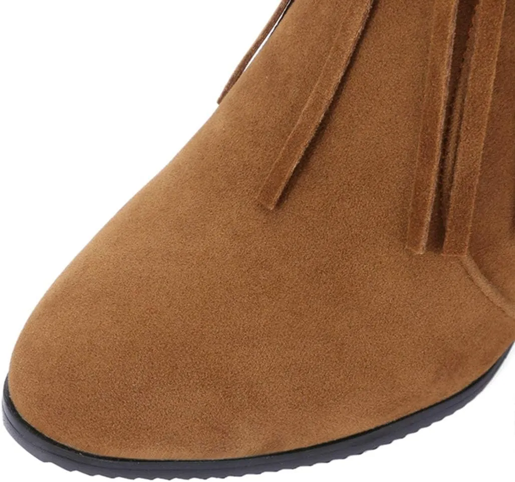 VOKLIN Women's Fringed Dress Ankle Boots Round Toe Buckle Zipper Chunky Block High Heel Tassel Short Booties