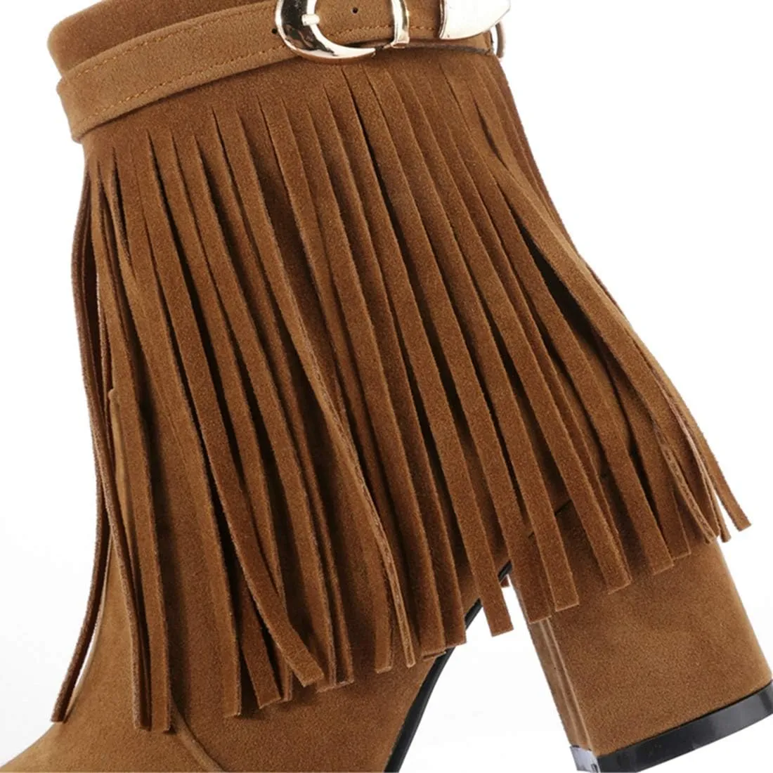 VOKLIN Women's Fringed Dress Ankle Boots Round Toe Buckle Zipper Chunky Block High Heel Tassel Short Booties