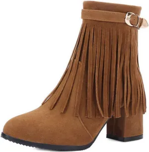 VOKLIN Women's Fringed Dress Ankle Boots Round Toe Buckle Zipper Chunky Block High Heel Tassel Short Booties