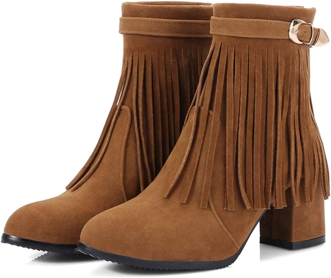 VOKLIN Women's Fringed Dress Ankle Boots Round Toe Buckle Zipper Chunky Block High Heel Tassel Short Booties