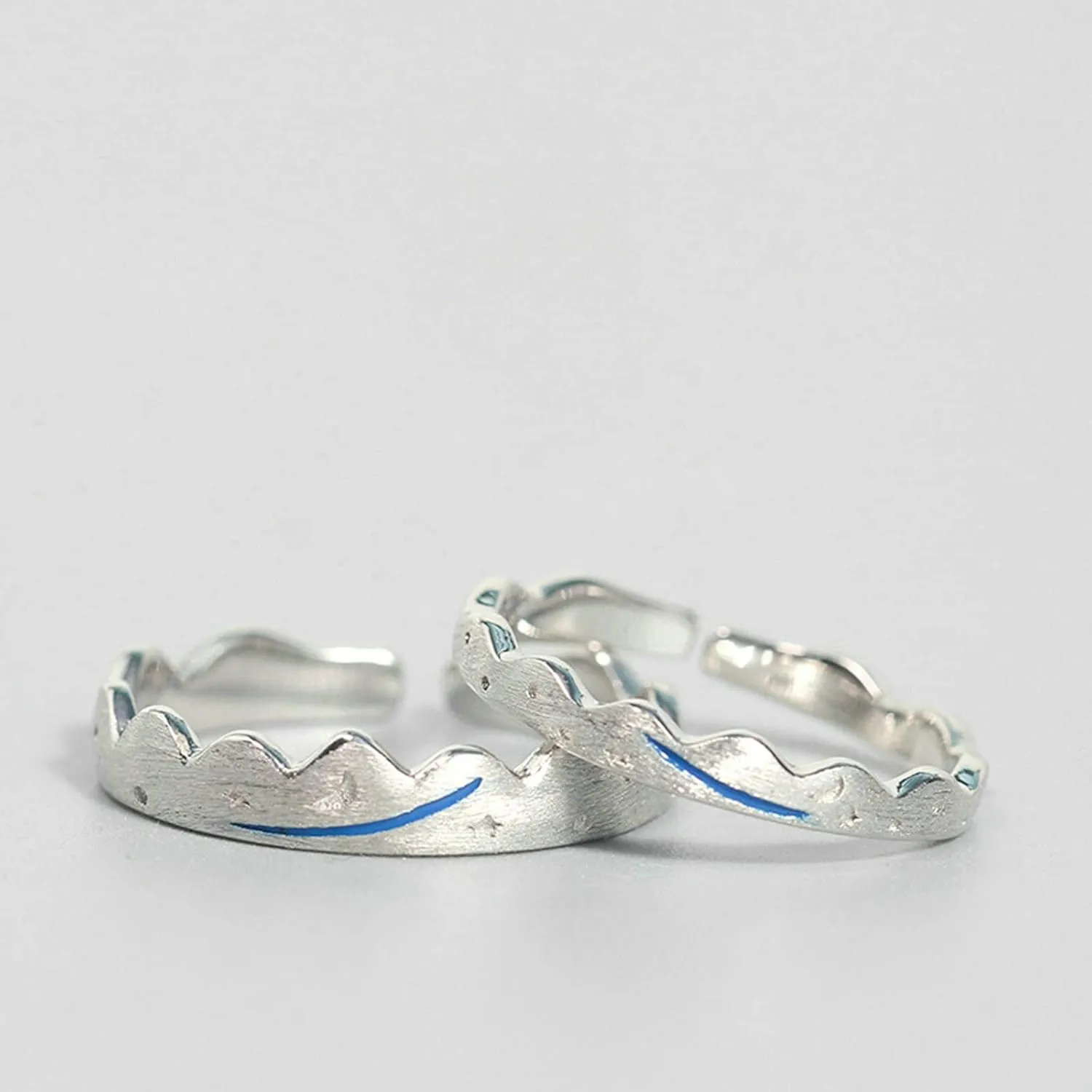 Wedding Band Set, Sterling Silver Wedding Band Starry Sky Adjustable Matching Rings for Best Friends