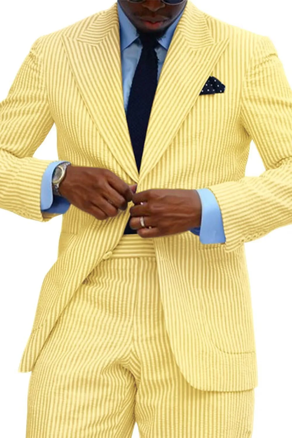 Wehilion Men's Striped Seersucker Suits 2 Piece Slim Fit Wedding Tuxedo Summer Beach Suits Sets