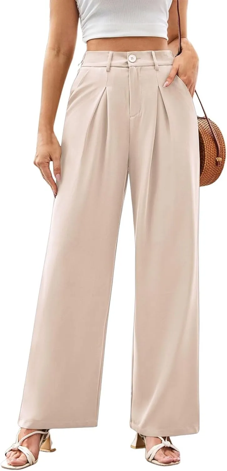 Wide Leg Dress Pants for Women Business Casual High Waisted Work Pants Baggy Dressy Trouser Pants with Pockets