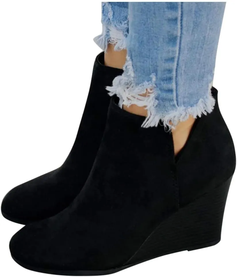 Winter Boots for Women,Women's Wedges Ankle Booties Retro V Cutout Comfy Short Boots Flock Leather Zip Closure Stacked Chunky Block Heels Shoes