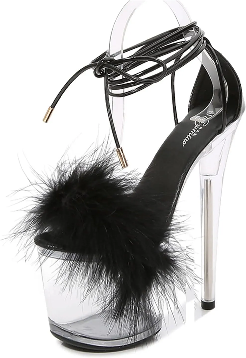 WOilERQ Women's Crystal Clear Platform Heeled Sandals Fluffy Heels Stiletto high Heels Lace up Cross Straps Open Toe Dress Shoes for Prom Dressing Party Stripper 20cm/7.8inch