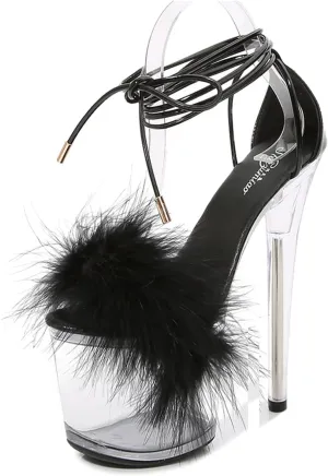 WOilERQ Women's Crystal Clear Platform Heeled Sandals Fluffy Heels Stiletto high Heels Lace up Cross Straps Open Toe Dress Shoes for Prom Dressing Party Stripper 20cm/7.8inch
