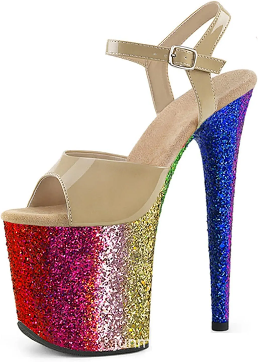 WOilERQ Womens Sequins Platform Sandals Open Toe Ankle Strap High Heels Stiletto Sandals Sexy Catwalk Pole Dancing Stripper Club Dress Shoes 20cm/7.8inch