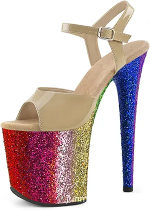 WOilERQ Womens Sequins Platform Sandals Open Toe Ankle Strap High Heels Stiletto Sandals Sexy Catwalk Pole Dancing Stripper Club Dress Shoes 20cm/7.8inch