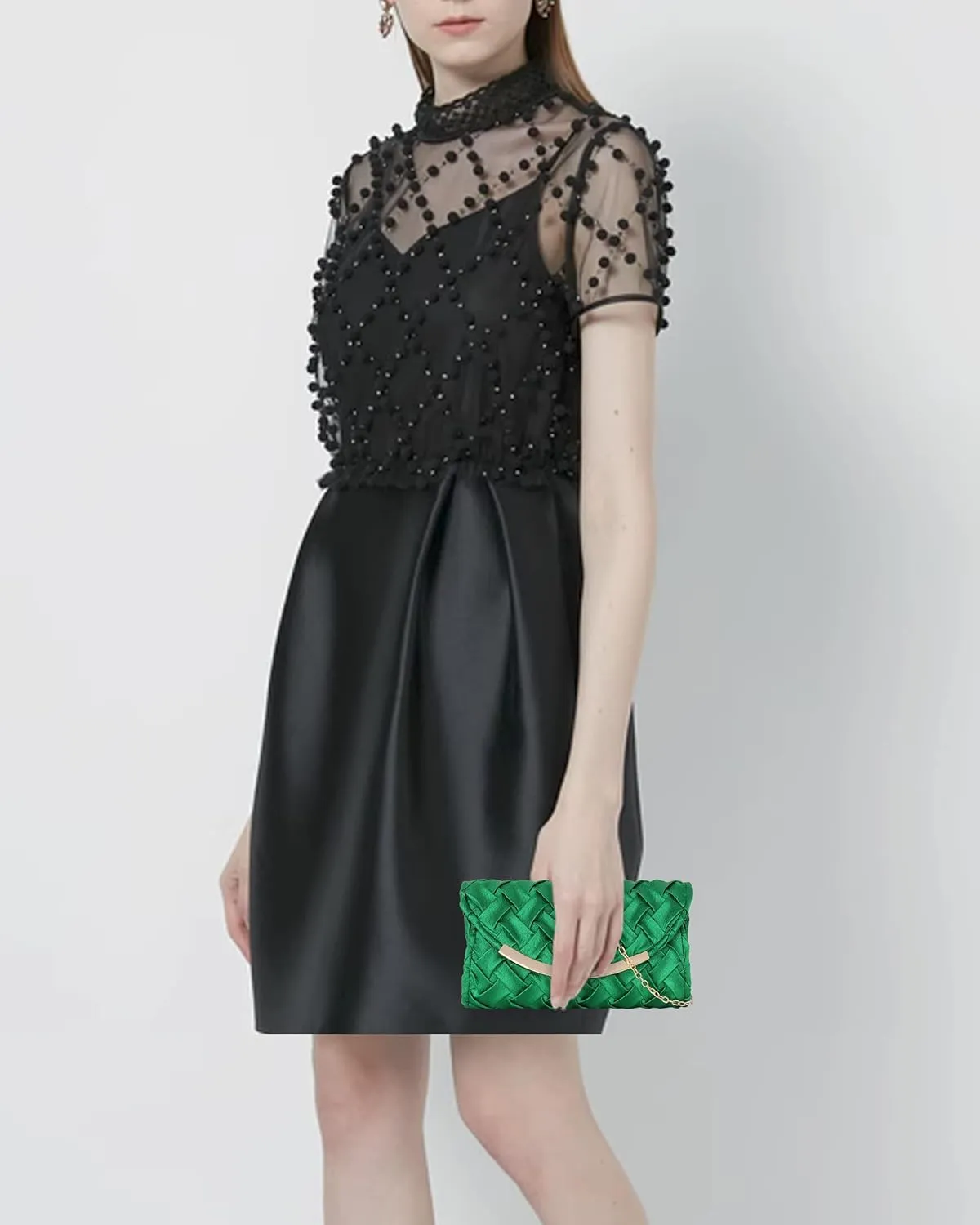 Women Braided Evening Purse Polyester Fabric Envelope Clutch Handbag Elegant Chain Wedding Crossbody Shoulder
