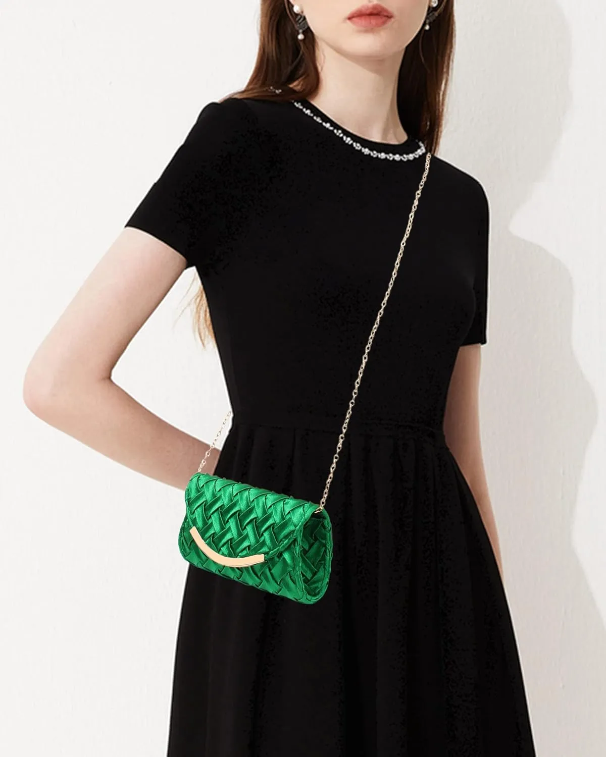 Women Braided Evening Purse Polyester Fabric Envelope Clutch Handbag Elegant Chain Wedding Crossbody Shoulder