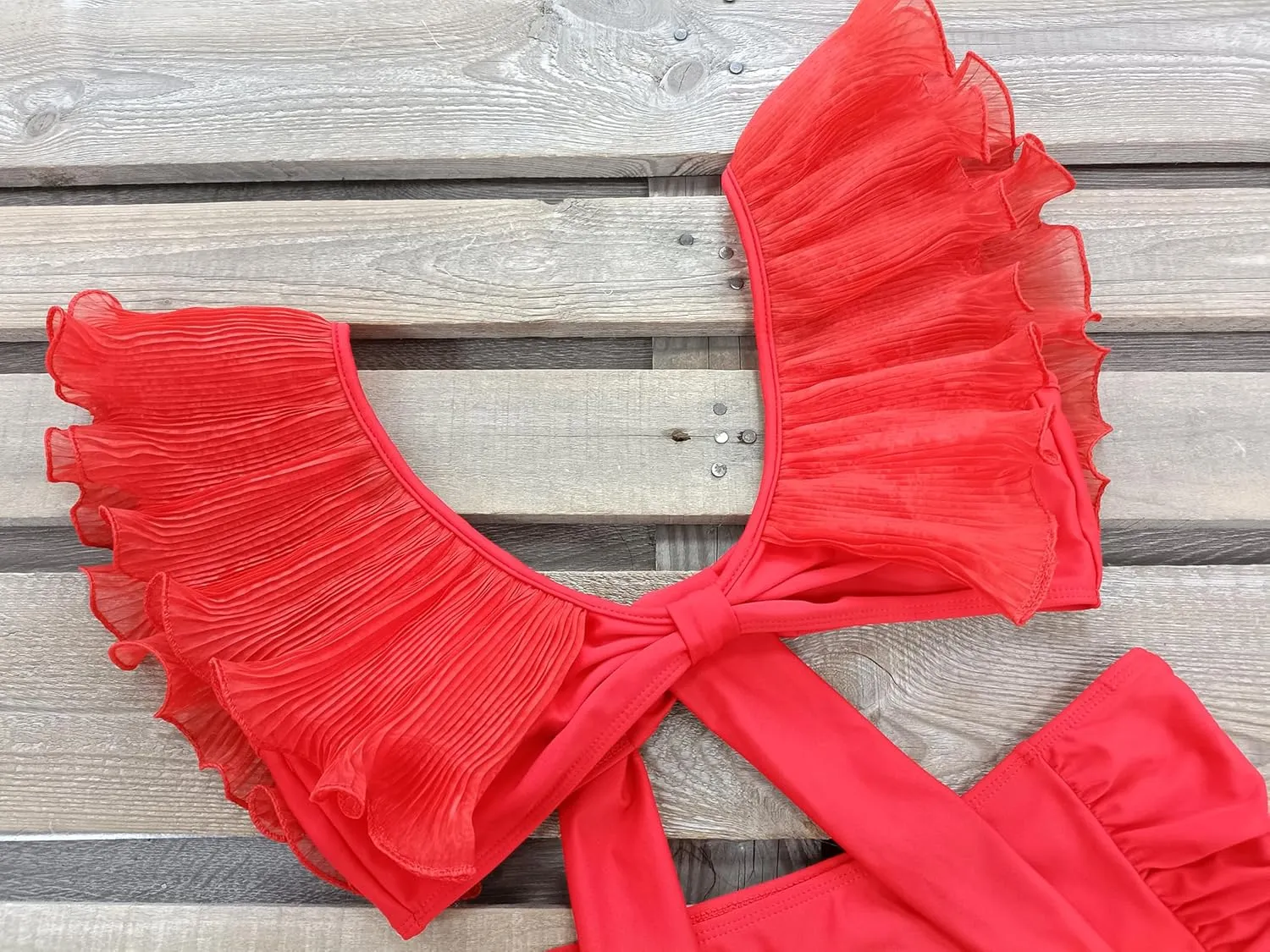 Women High Waisted Swimsuit Pleated Lace Ruffle Bikini Padded Swimwear