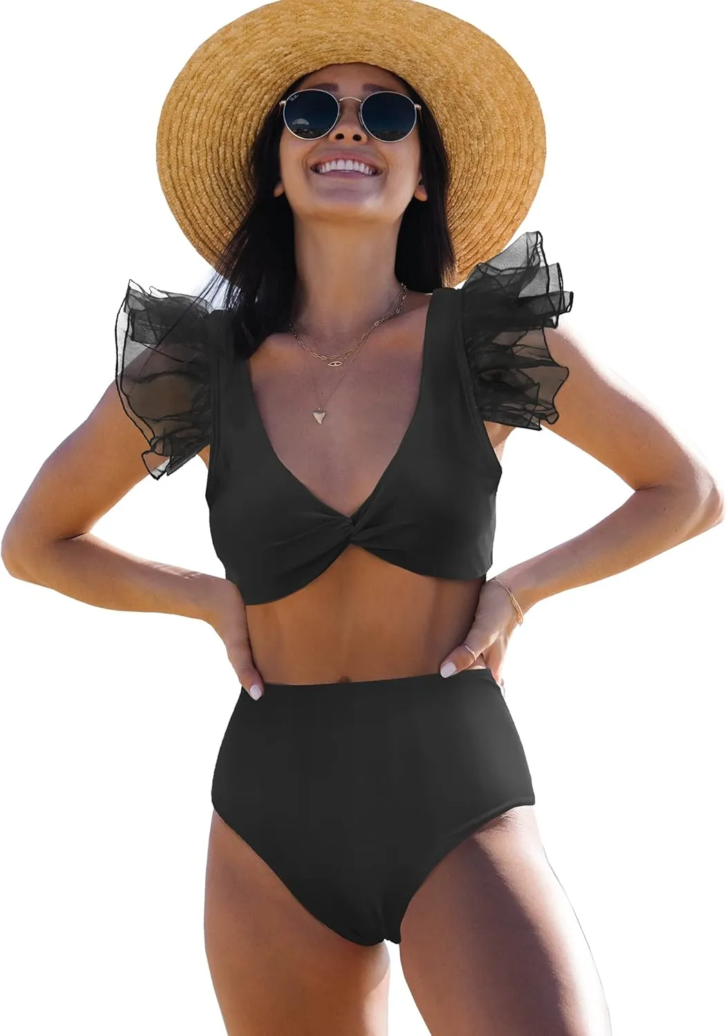 Women High Waisted Swimsuit Pleated Lace Ruffle Bikini Padded Swimwear