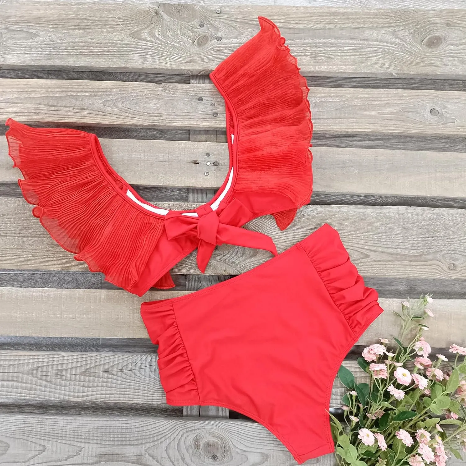 Women High Waisted Swimsuit Pleated Lace Ruffle Bikini Padded Swimwear