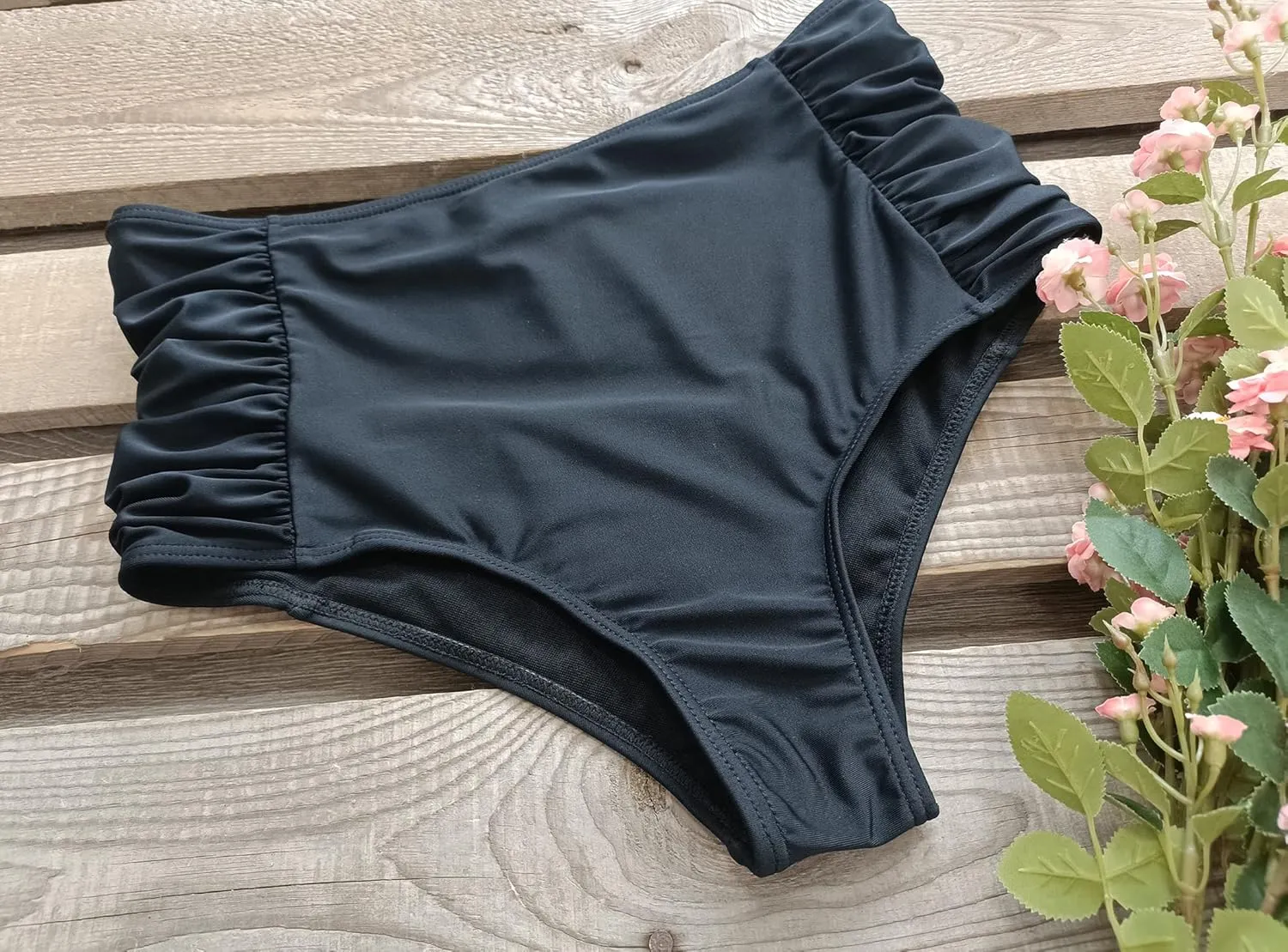 Women High Waisted Swimsuit Pleated Lace Ruffle Bikini Padded Swimwear