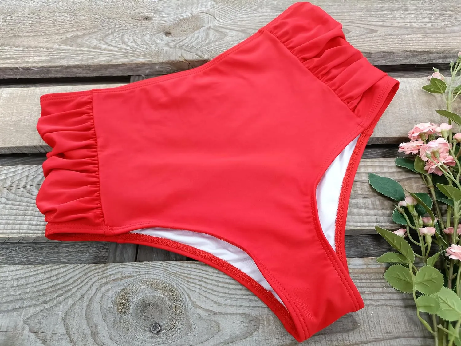 Women High Waisted Swimsuit Pleated Lace Ruffle Bikini Padded Swimwear