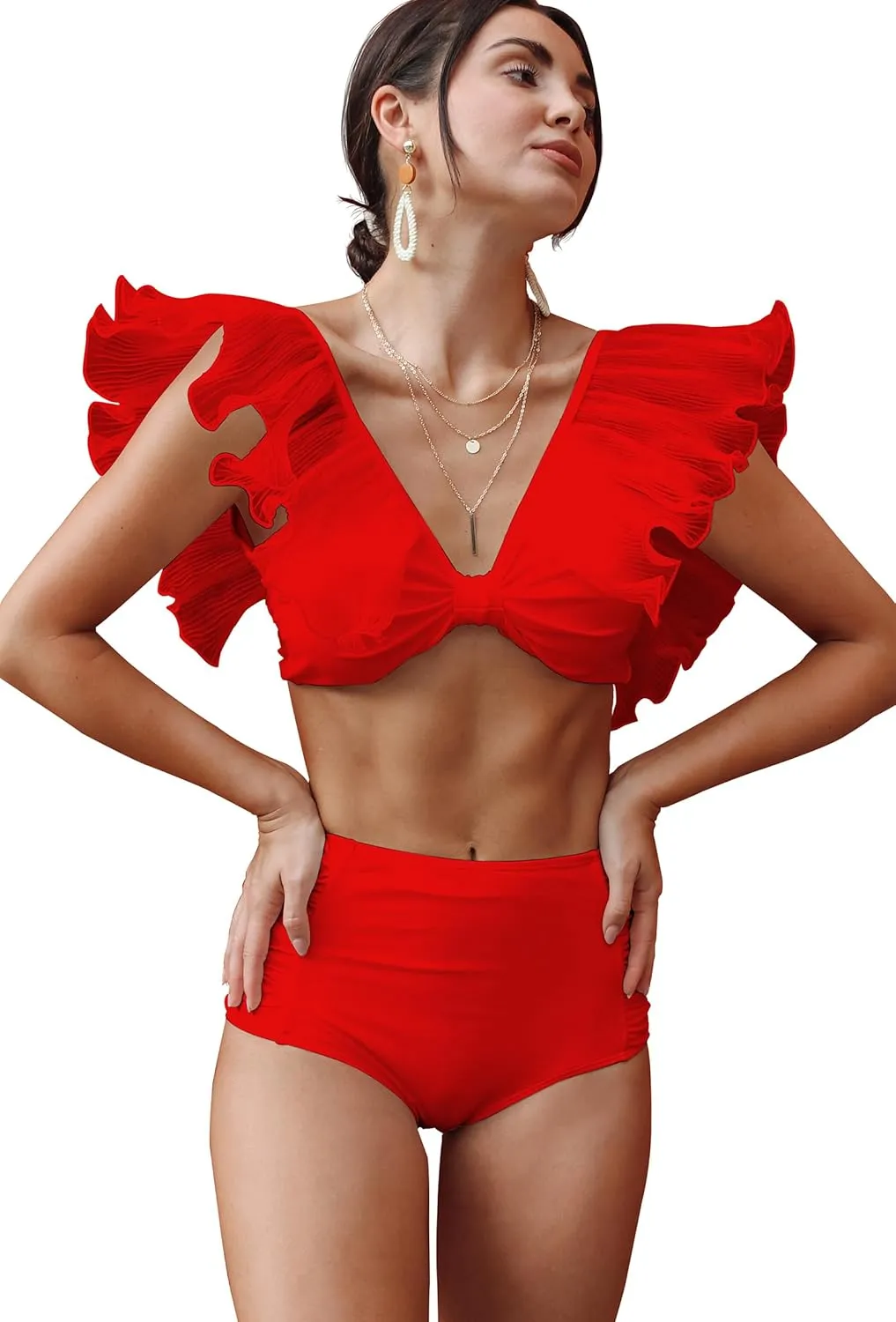 Women High Waisted Swimsuit Pleated Lace Ruffle Bikini Padded Swimwear