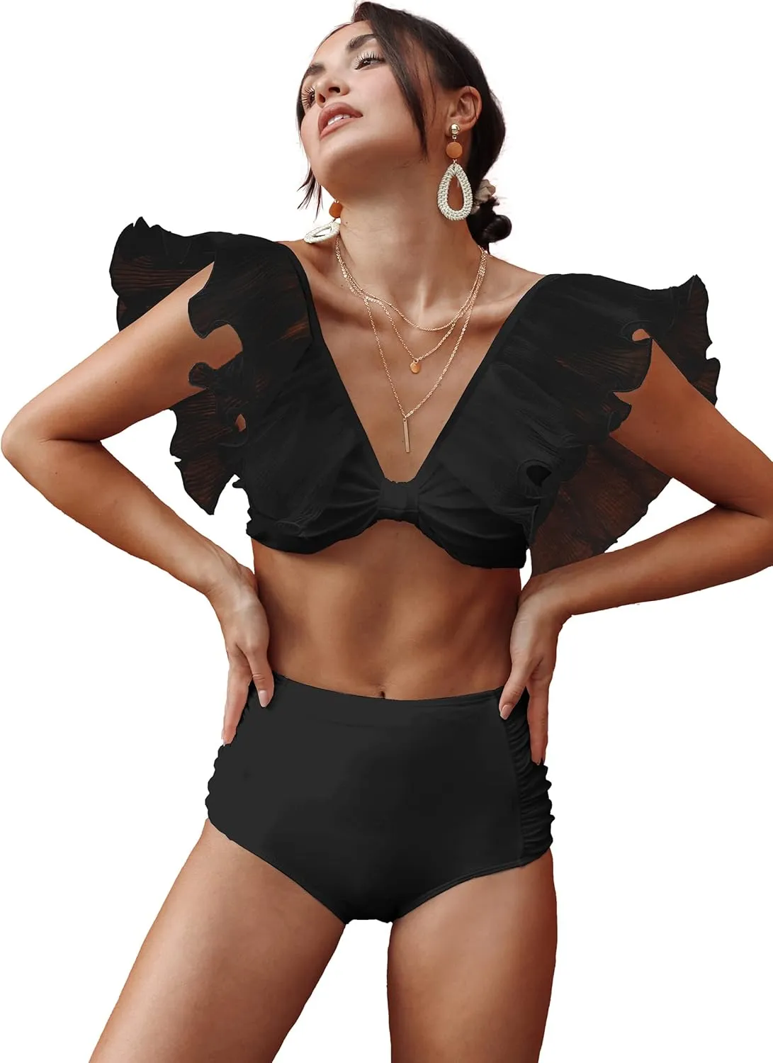 Women High Waisted Swimsuit Pleated Lace Ruffle Bikini Padded Swimwear