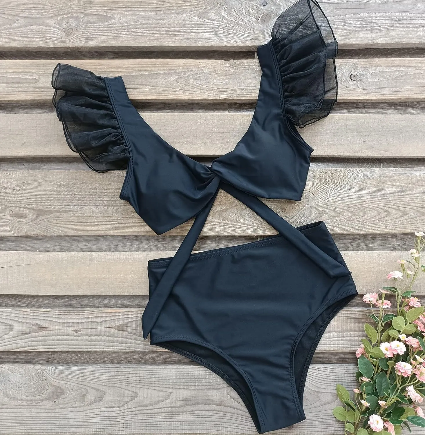 Women High Waisted Swimsuit Pleated Lace Ruffle Bikini Padded Swimwear