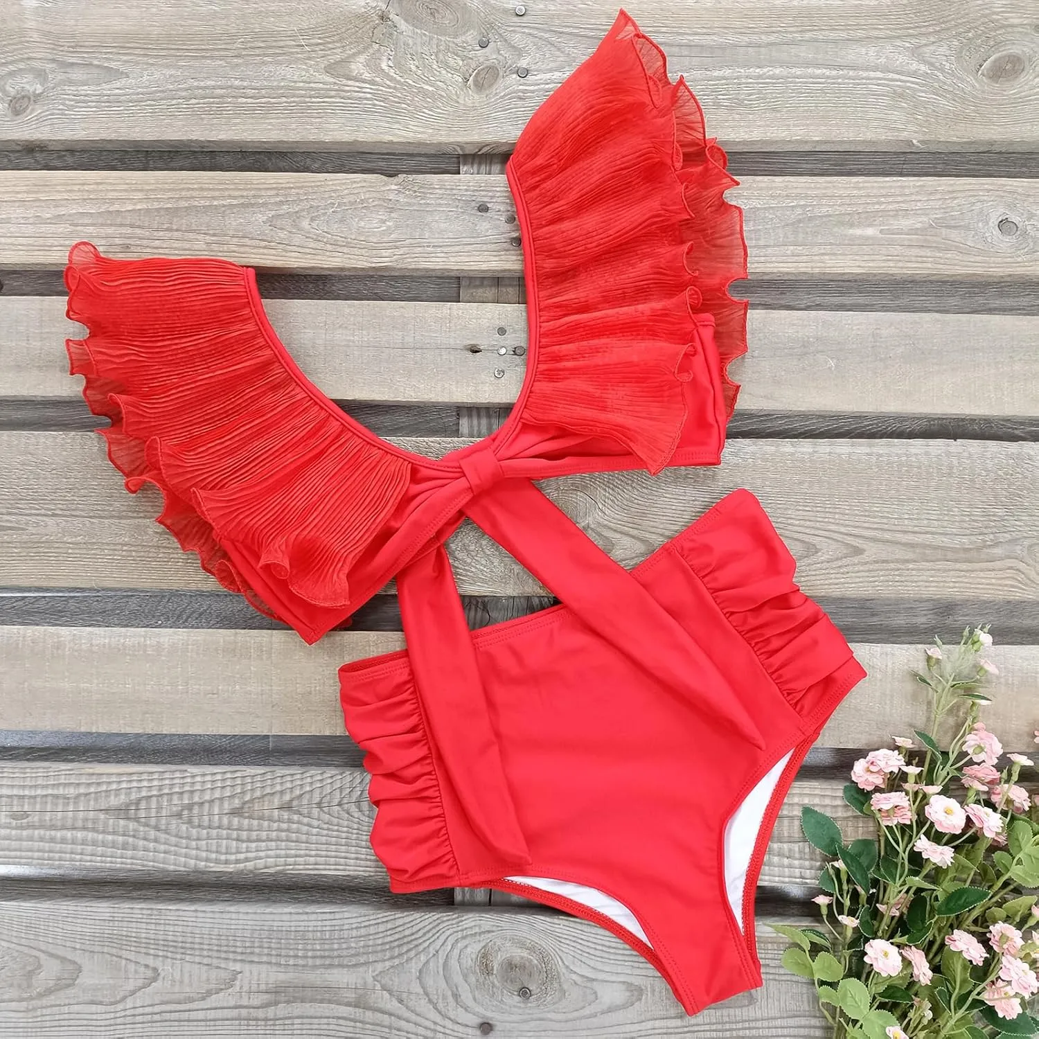 Women High Waisted Swimsuit Pleated Lace Ruffle Bikini Padded Swimwear