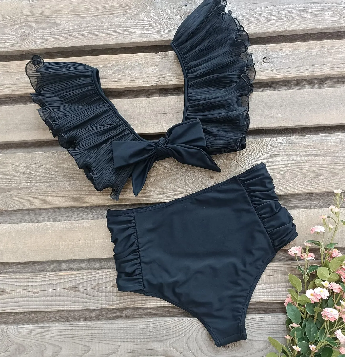 Women High Waisted Swimsuit Pleated Lace Ruffle Bikini Padded Swimwear