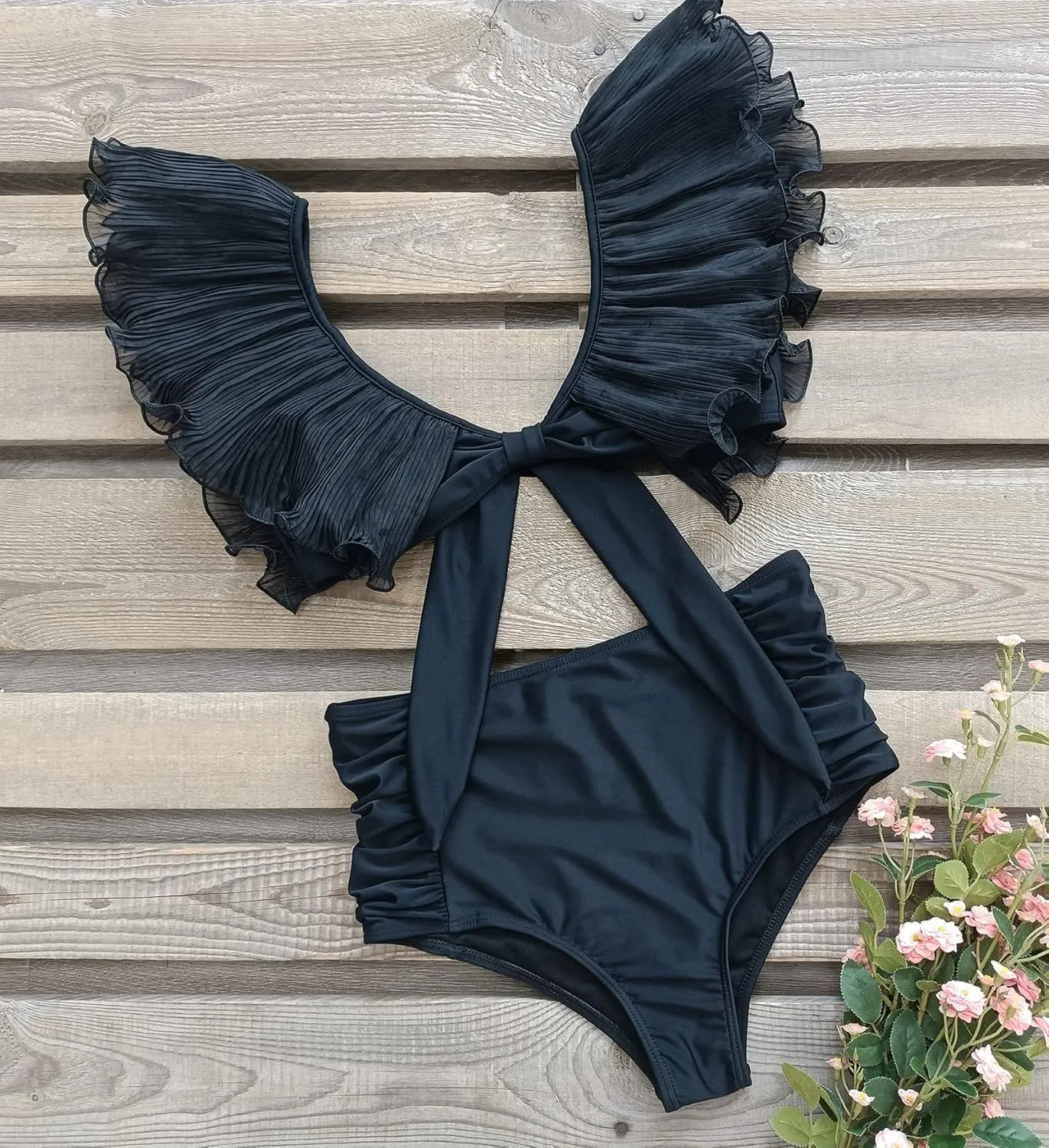 Women High Waisted Swimsuit Pleated Lace Ruffle Bikini Padded Swimwear