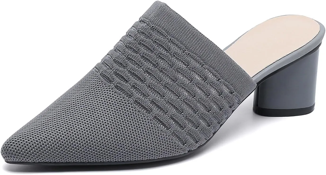 Women Knit Closed Pointed Toe Chunky Heel Mules Mesh Breathable Low Block Heel Pump Sandals Comfortable Slip On Dress Party Slides