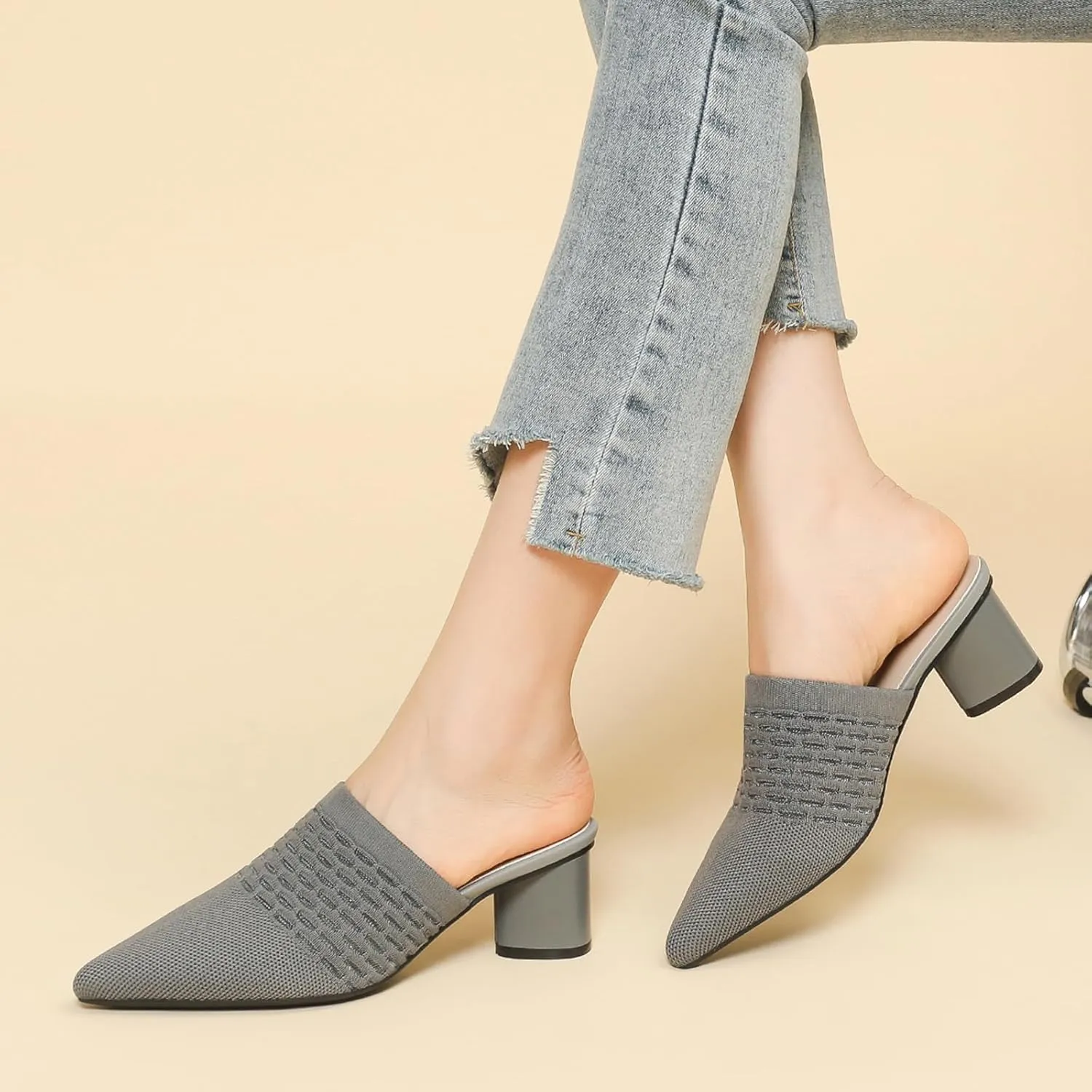 Women Knit Closed Pointed Toe Chunky Heel Mules Mesh Breathable Low Block Heel Pump Sandals Comfortable Slip On Dress Party Slides