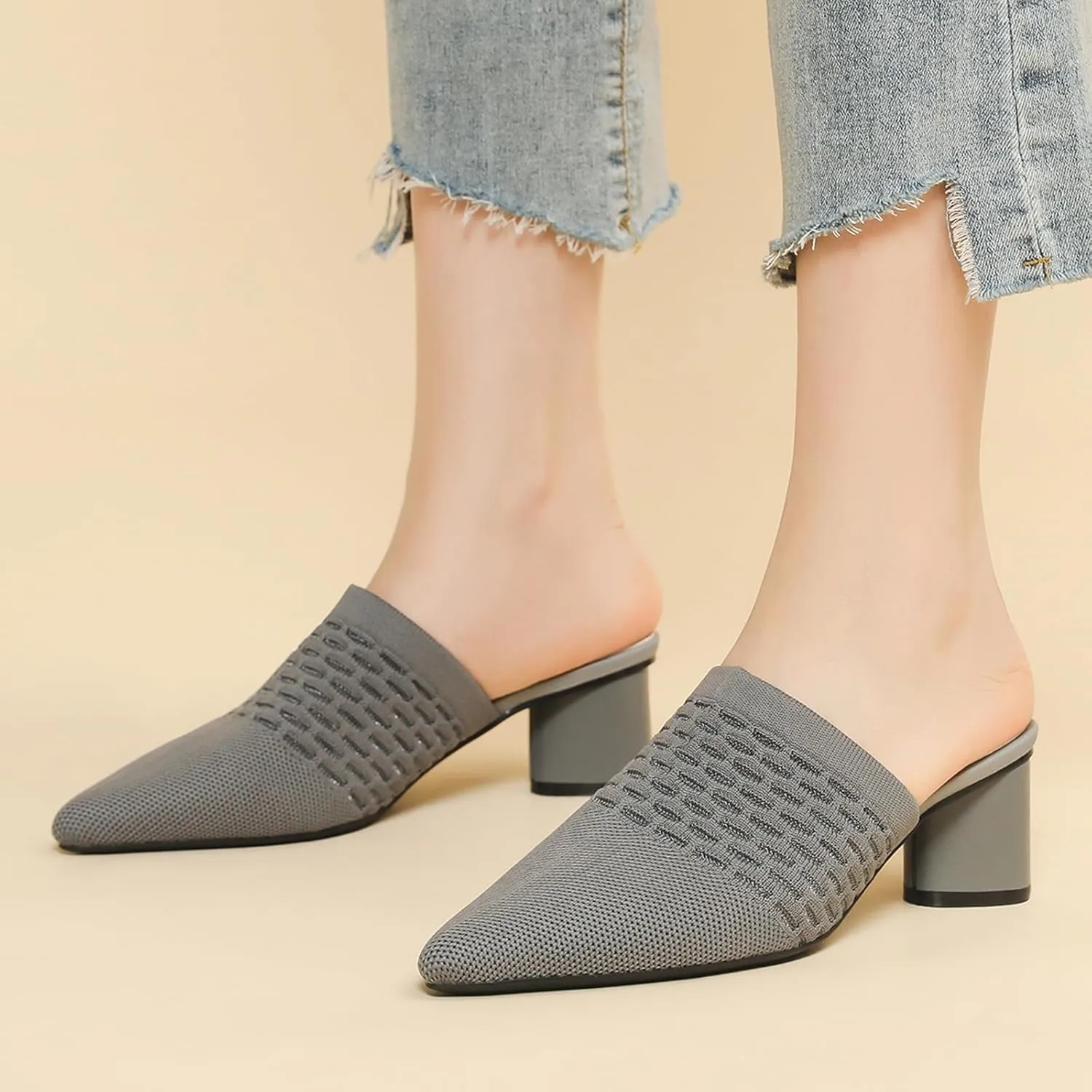 Women Knit Closed Pointed Toe Chunky Heel Mules Mesh Breathable Low Block Heel Pump Sandals Comfortable Slip On Dress Party Slides