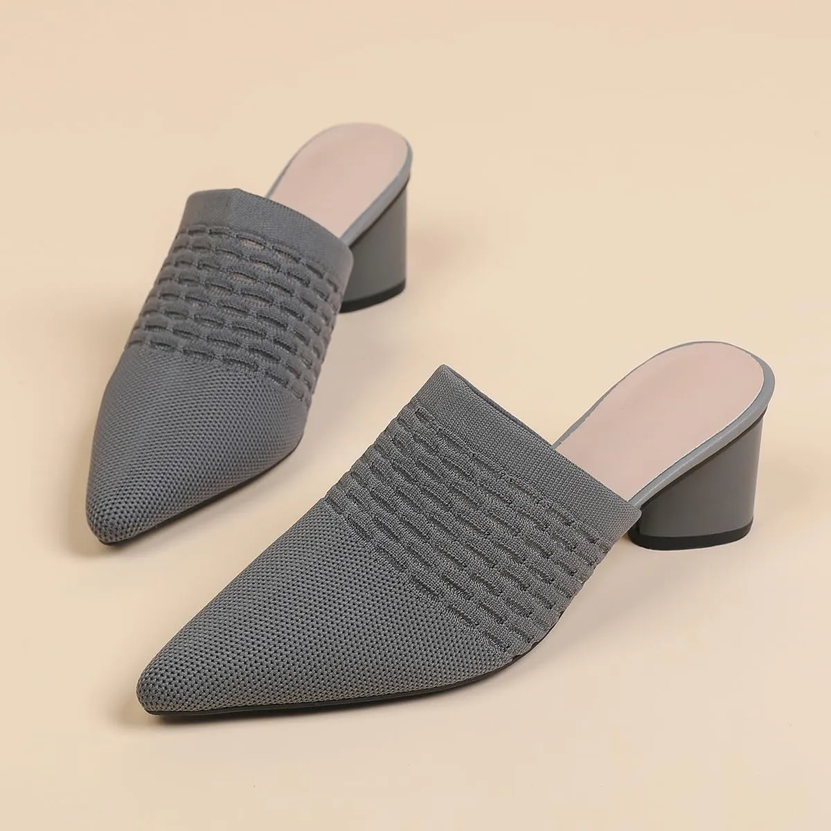 Women Knit Closed Pointed Toe Chunky Heel Mules Mesh Breathable Low Block Heel Pump Sandals Comfortable Slip On Dress Party Slides