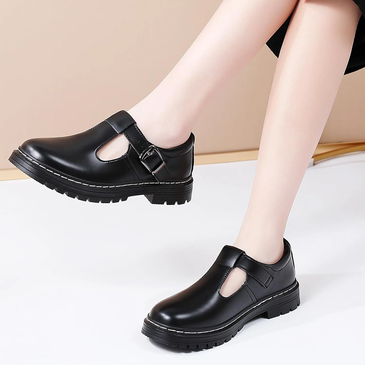 Women Mary Jane Shoes Soft Toe Non Slip Platform Casual Faux Leather Chunky Comfortable Dress Shoes