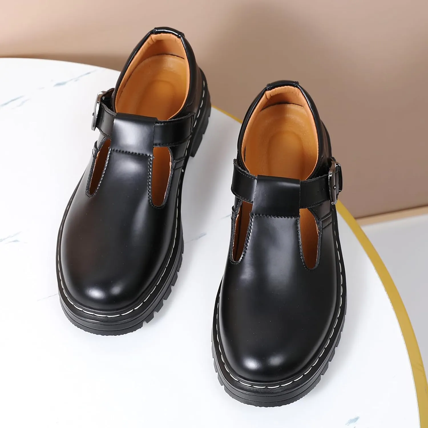 Women Mary Jane Shoes Soft Toe Non Slip Platform Casual Faux Leather Chunky Comfortable Dress Shoes