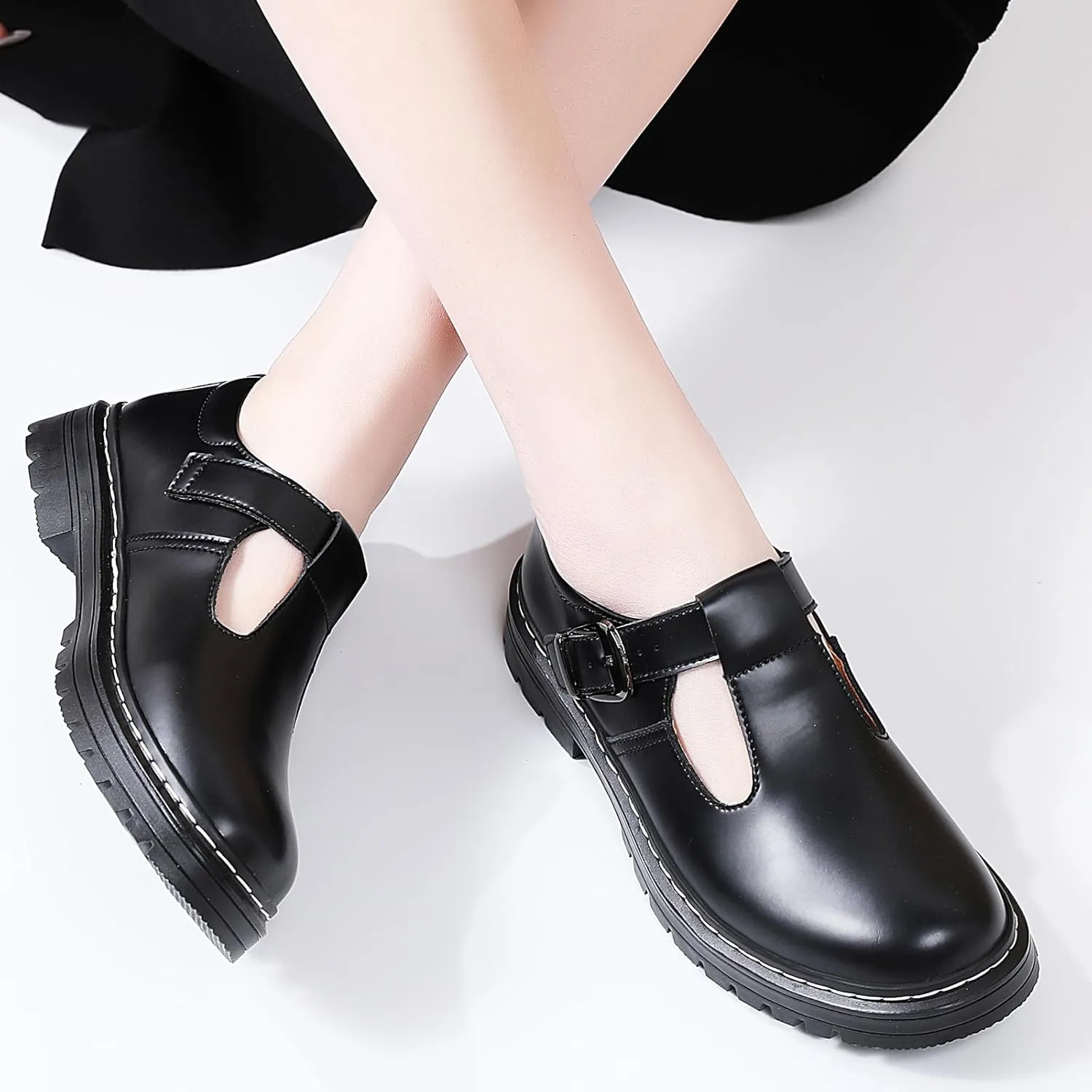 Women Mary Jane Shoes Soft Toe Non Slip Platform Casual Faux Leather Chunky Comfortable Dress Shoes