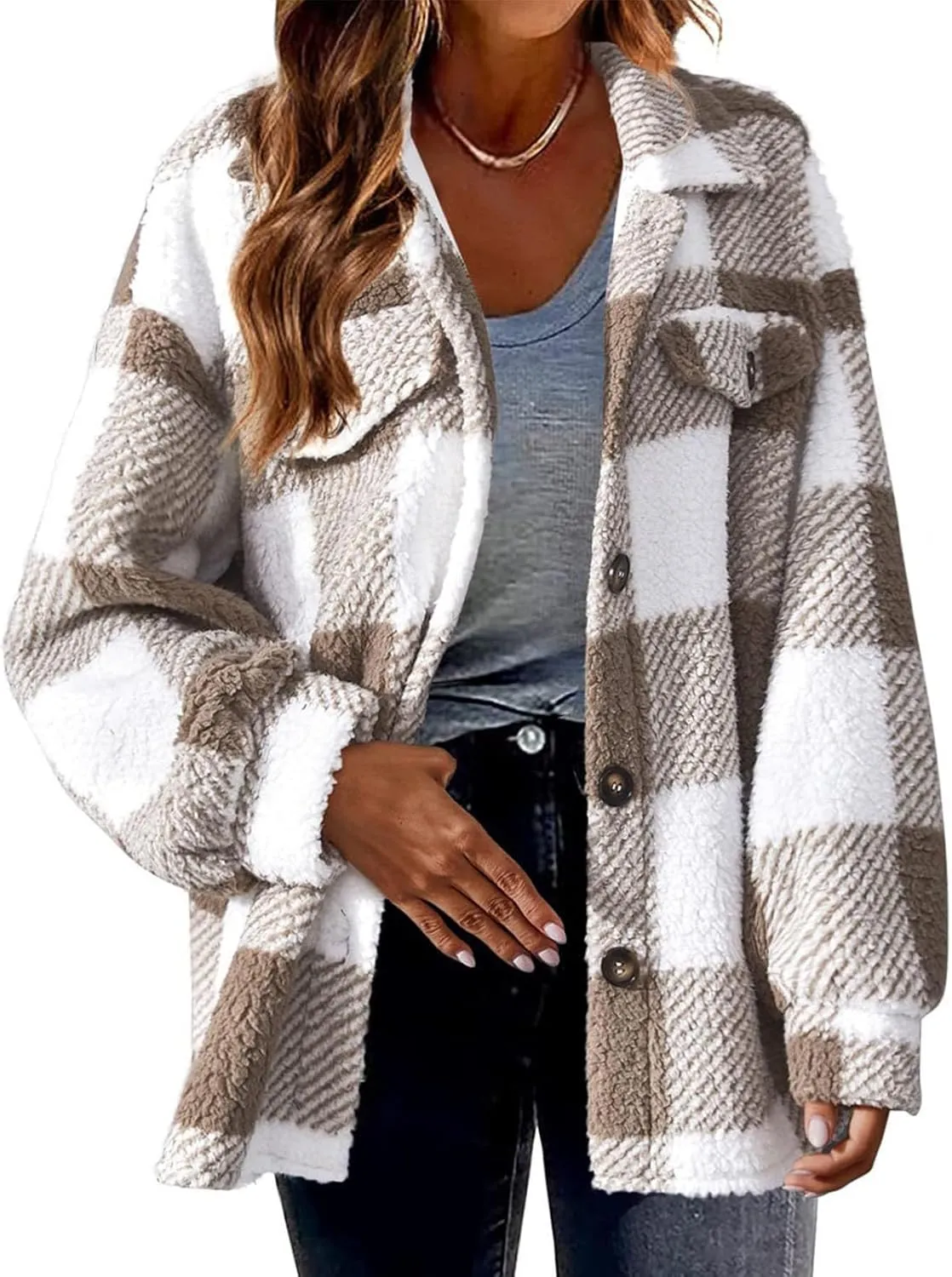 Women Plaid Fleece Flannel Shacket Fuzzy Sherpa Casual Jackets Long Sleeve Button Down Shirts Fall Winter Clothes 2024