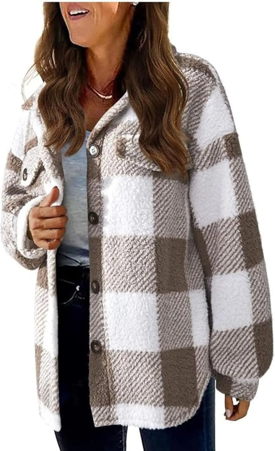 Women Plaid Fleece Flannel Shacket Fuzzy Sherpa Casual Jackets Long Sleeve Button Down Shirts Fall Winter Clothes 2024