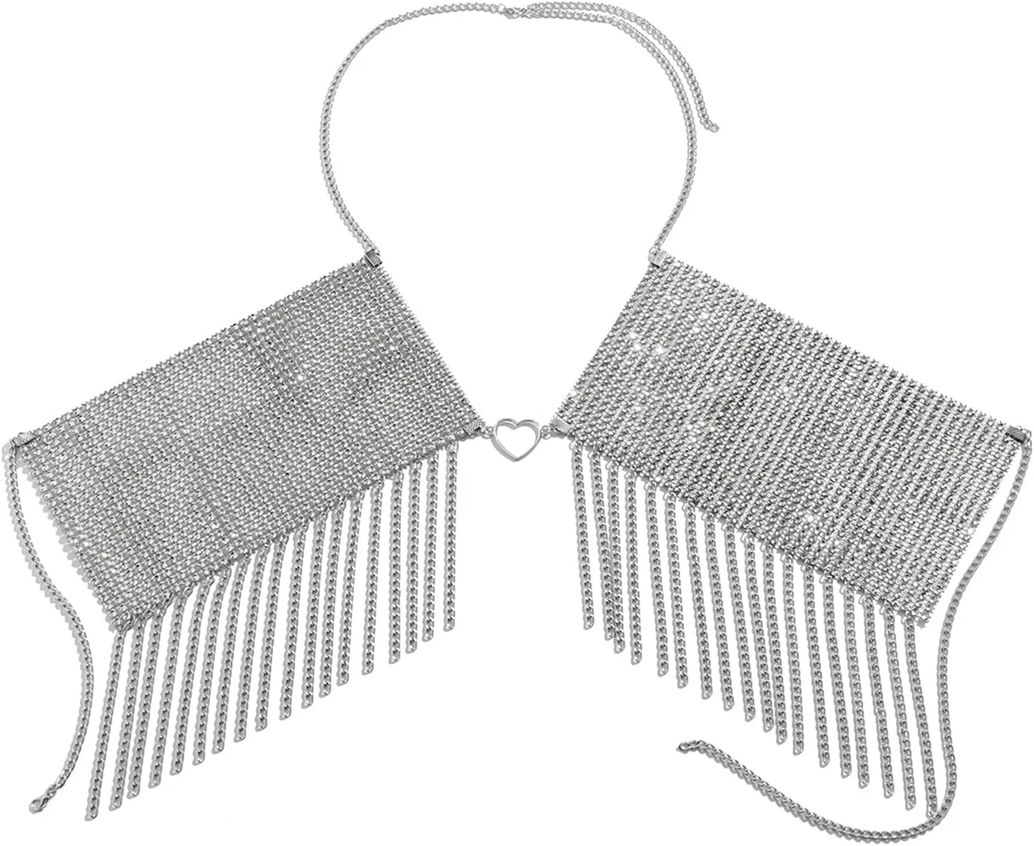 Women Shining Crystal Body Chain Top Metallic Rhinestones Detail Fringe Trim Harness Bra Chain Party Outfits