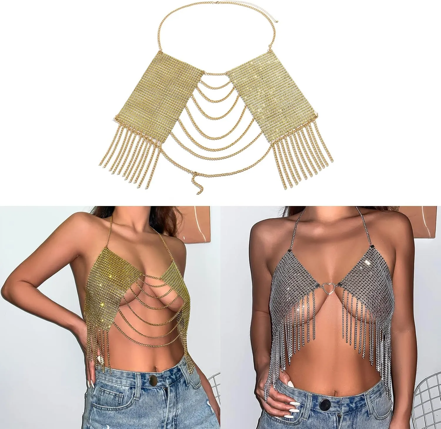 Women Shining Crystal Body Chain Top Metallic Rhinestones Detail Fringe Trim Harness Bra Chain Party Outfits
