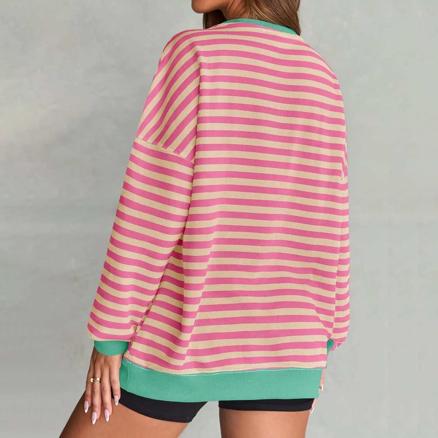 Women Striped Sweatshirts Colors Block Oversized Sweatshirt with Pockets Crewneck Sweatshirt Loose Pullover Sweaters