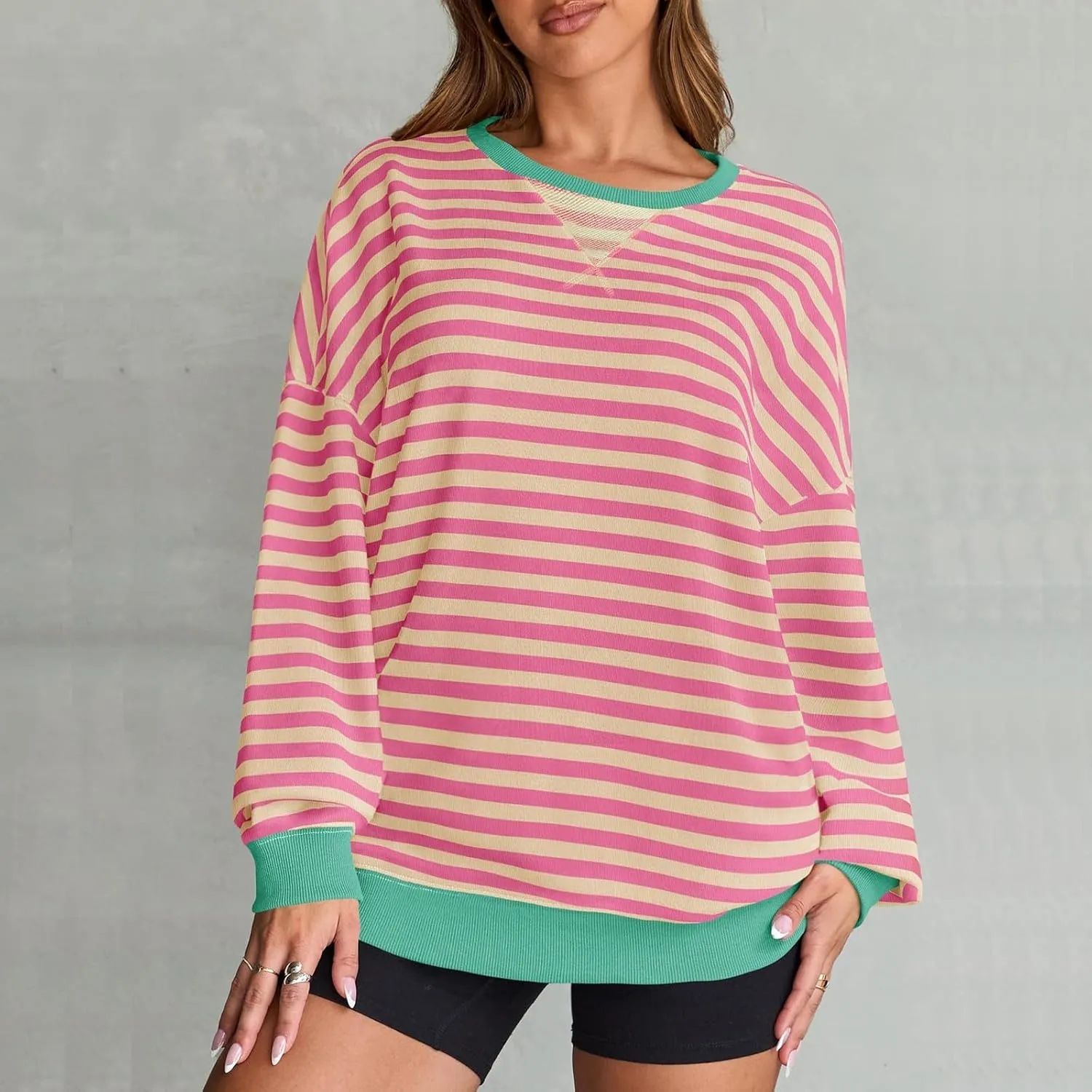 Women Striped Sweatshirts Colors Block Oversized Sweatshirt with Pockets Crewneck Sweatshirt Loose Pullover Sweaters