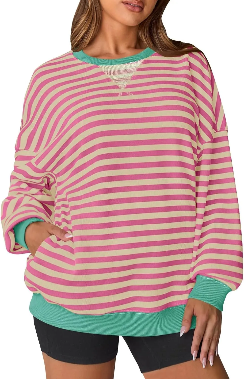 Women Striped Sweatshirts Colors Block Oversized Sweatshirt with Pockets Crewneck Sweatshirt Loose Pullover Sweaters