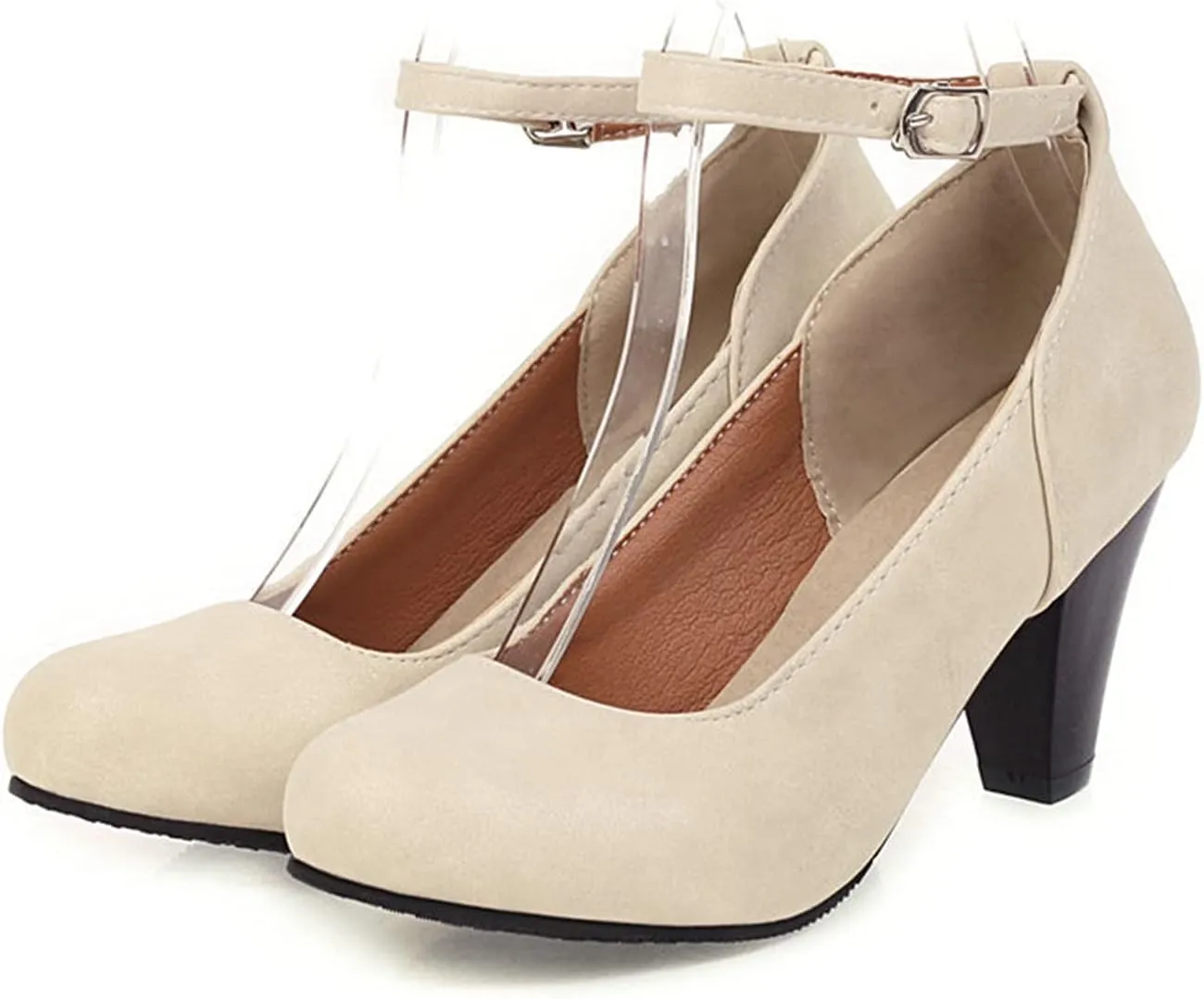 Women Vintage Ankle Strap Mary Jane Shoes Non Slip Thick High Heel Round Toe Dress Pumps