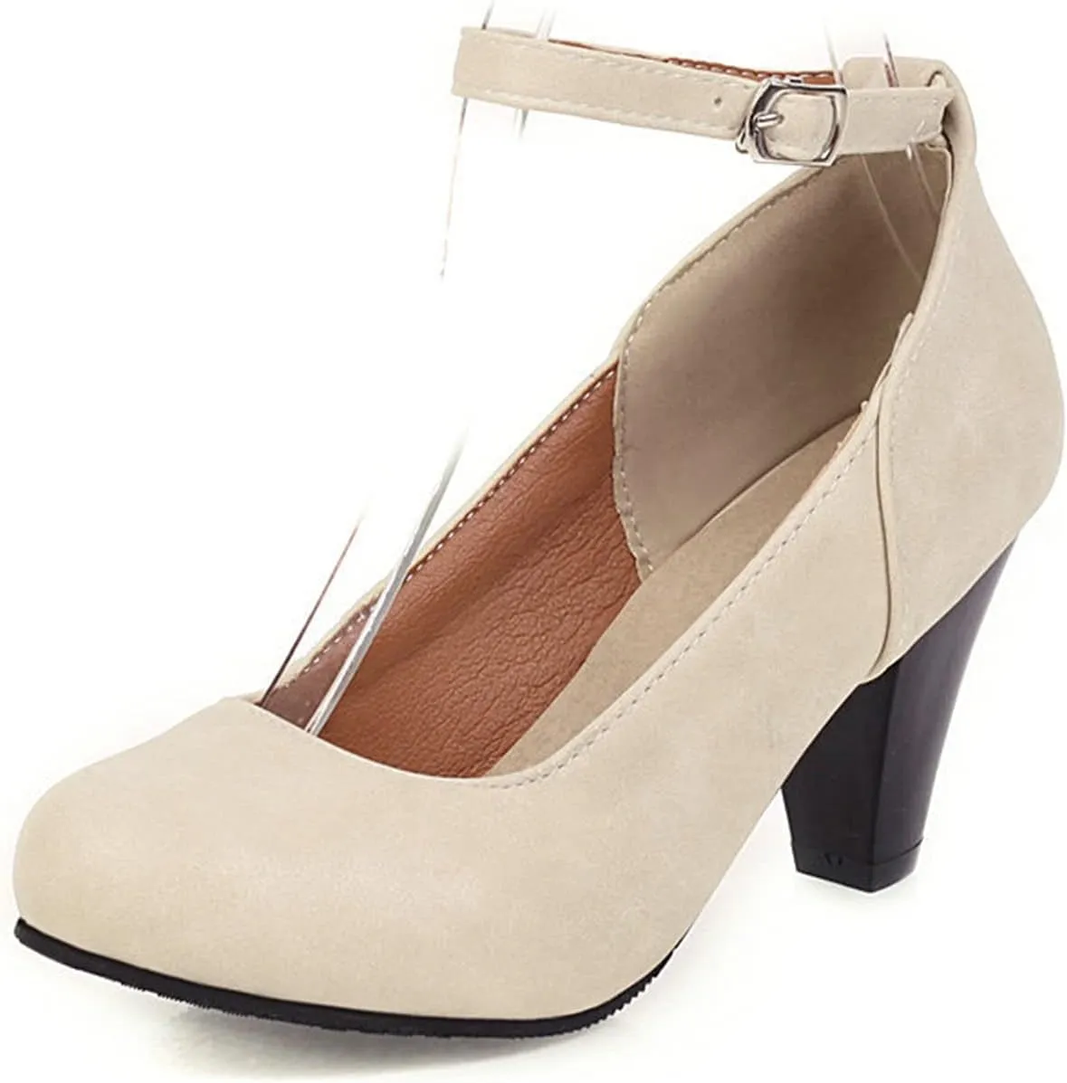 Women Vintage Ankle Strap Mary Jane Shoes Non Slip Thick High Heel Round Toe Dress Pumps