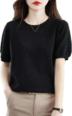 Women's 100% Cotton Short-Sleeved T-Shirt Summer Round Neck Loose Pullover Casual Hollow-Out Knitted T-Shirt