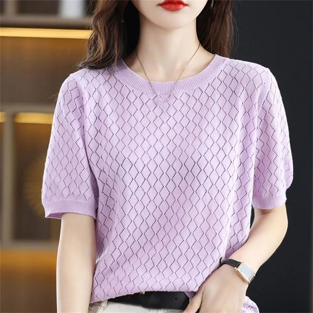 Women's 100% Cotton Short-Sleeved T-Shirt Summer Round Neck Loose Pullover Casual Hollow-Out Knitted T-Shirt