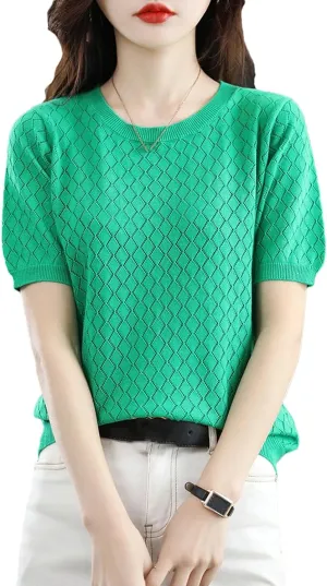 Women's 100% Cotton Short-Sleeved T-Shirt Summer Round Neck Loose Pullover Casual Hollow-Out Knitted T-Shirt
