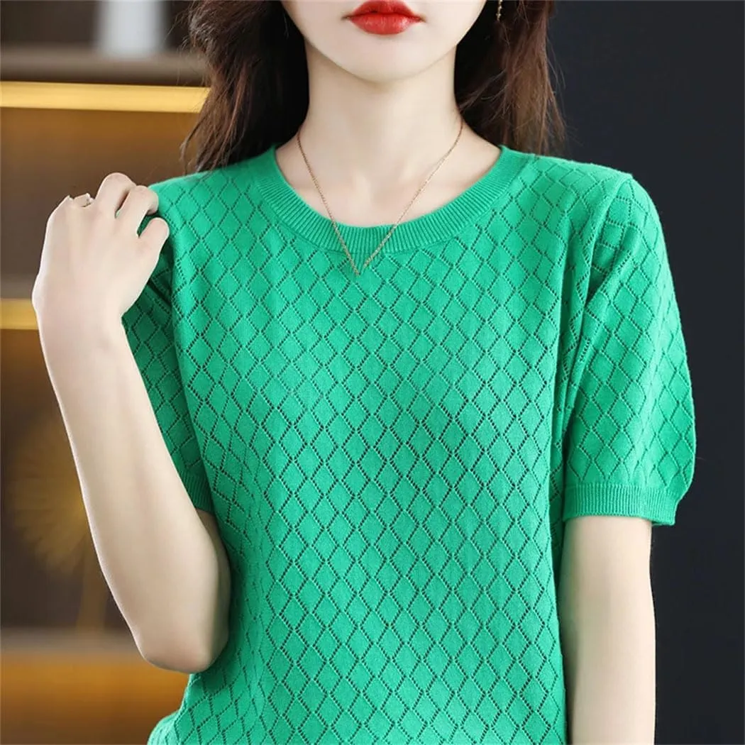 Women's 100% Cotton Short-Sleeved T-Shirt Summer Round Neck Loose Pullover Casual Hollow-Out Knitted T-Shirt
