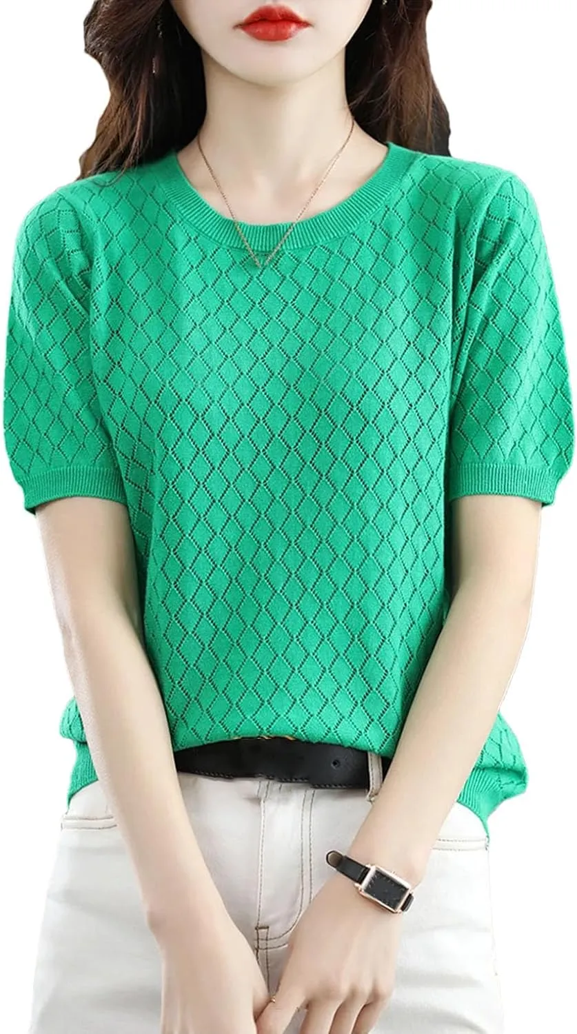 Women's 100% Cotton Short-Sleeved T-Shirt Summer Round Neck Loose Pullover Casual Hollow-Out Knitted T-Shirt